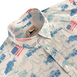 Huk Fishing Shirt Mens 3XL White USA Flag Boat Graphic Short Sleeve Button Down